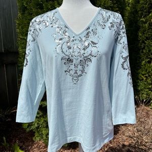 CHICO’S Blue, Bejeweled 3/4 Sleeve Top
